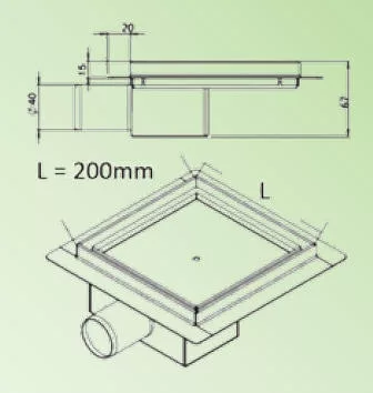 Padlóösszefolyó, Roltechnik RRF-S rozsdamentes, szögletes, burkolható zuhanyfolyóka 20x20