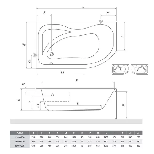Kád, Roltechnik Activa 150 (L) aszimmetrikus kád