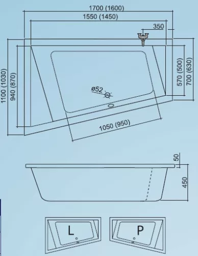 Kád, Roltechnik Kubic Asymmetric 170 (L)