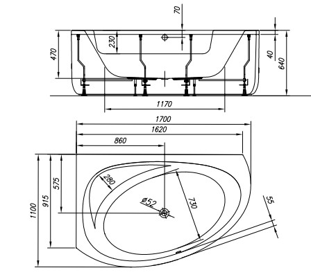 Kád, Kolpa San 565250 Libretto 170x110 beépíthető asszimmetrikus sarok kádtest, jobbos