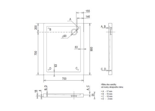 Zuhanytálca, Aquatek SMC szögletes zuhanytálca 90x70