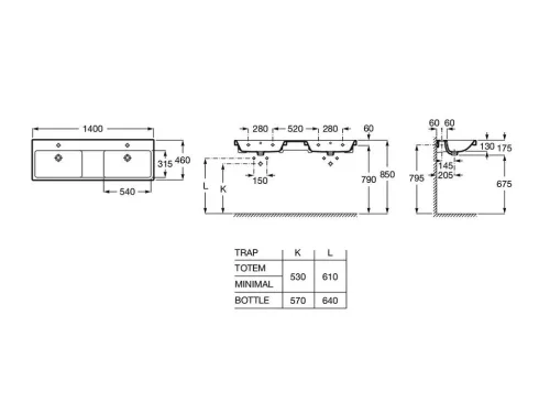 Mosdó, Roca The Gap A3270MU000 1400 x 460 mm-es dupla fali mosdó