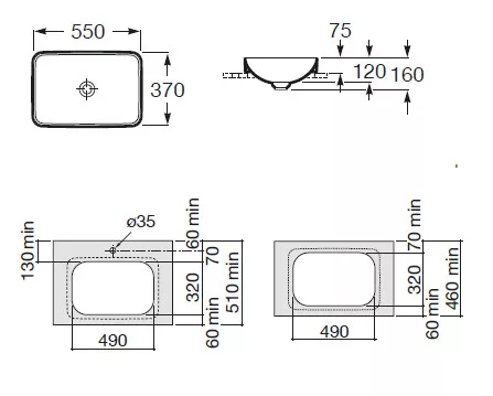 Mosdó, Roca Inspira A327534000 Square pultba építhető mosdó 550 mm