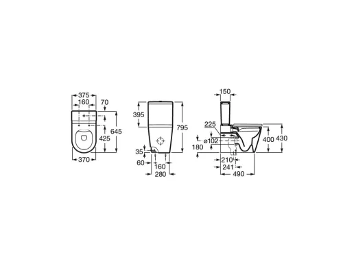 WC, Roca Inspira A342526620 Round Rimless falra tolható monoblokkos wc-csésze 645 mm hosszú, matt
