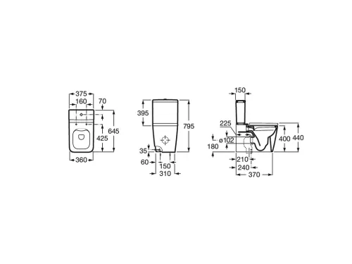 WC, Roca Inspira A342536620 Square Rimless falra tolható monoblokkos wc-csésze 645 mm hosszú, mat