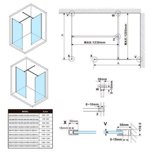 Zuhanyfal, Sapho Esca ES1310 Walk-in zuhanyfal, flutes üveg, 100x210 cm