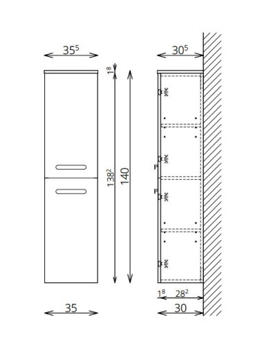 Fali szekrény, Tboss Ohana F140 2A kiegészítőszekrény, jobbos, fekete fogantyúval