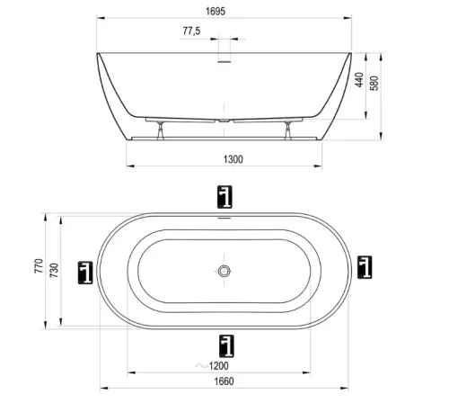 Kád, Ravak Freedom O Tec 170x77 Alabaster Pink/fehér szabadonálló, fehér lefolyóval CD41600000