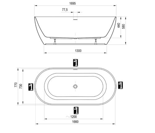 Kád, Ravak Freedom O Tec 170x77 Deepsea Blue/fehér szabadonálló, fehér lefolyóval CD21400000