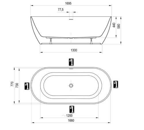 Kád, Ravak Freedom O Tec 170x77 fehér szabadonálló, króm lefolyóval CC61000000
