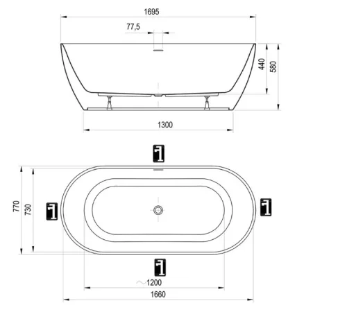 Kád, Ravak Freedom O Tec 170x77 matt fehér/fehér szabadonálló, fehér lefolyóval CD61800000