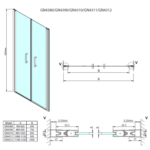 Zuhanyajtó, Sapho Gelco LORO duplaszárnyas nyílóajtó, 80 cm GN4380