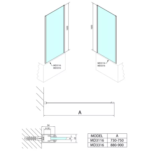 Fix fal, Sapho Polysan DEEP oldalfal, 165x90 cm MD3316