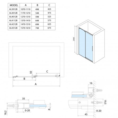 Zuhanyajtó, Sapho Polysan ALTIS LINE tolóajtó, 110 cm, matt fekete AL3912B