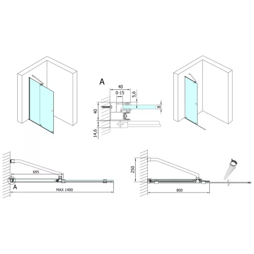 Zuhanyajtó, Sapho Polysan MODULAR SHOWER tolóajtó fix résszel, fekete 140 cm MS5-140B