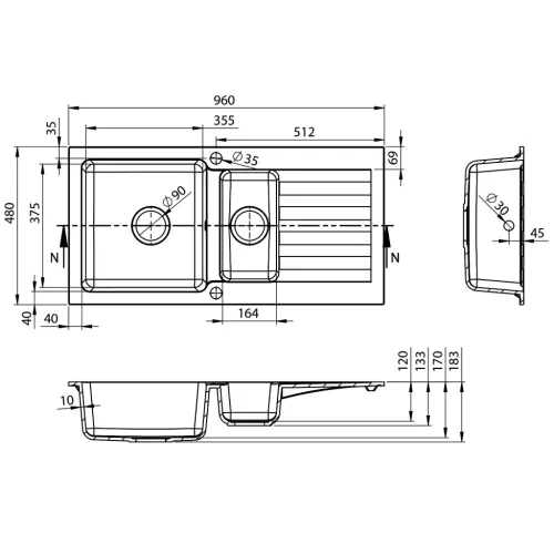 Mosogatótálca, Sapho Gránit mosogató, gyümölcsmosóval, 96x48cm, fehér GR1331