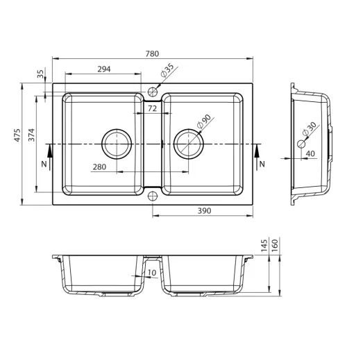 Mosogatótálca, Sapho Gránit mosogató, duplamedencés 78x47,5 cm, fekete GR2224