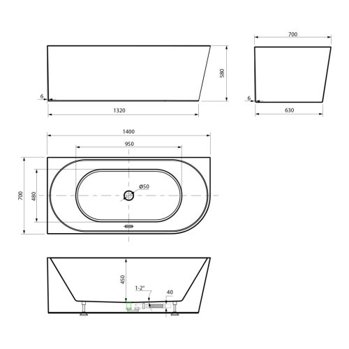 Kád, Aqualine TIBERA L szabadonálló kád, 140x75cm, akril E1066