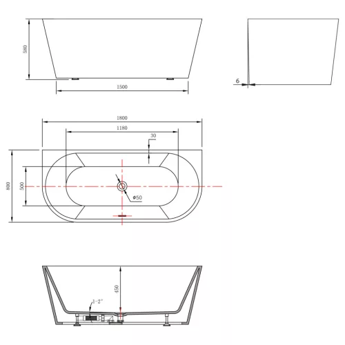 Kád, Aqualine TAJO szabadonálló kád, 180x80cm, akril E1990