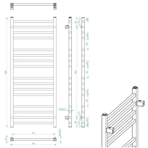 Egyenes radiátor, Sapho METRO fürdőszobai radiátor, 500x1200mm, matt fekete IR410TB