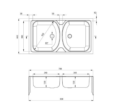 Mosogatótálca, Deante Techno acél mosogatótálca, 2 medencés, túlfolyó nélkül ZMU_0200