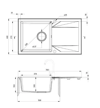 Mosogatótálca, Deante Evora gránit mosogatótálca, 1 medencés, csepegtetővel, homokszín ZQJ_7113