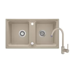   Mosogatótálca, Deante Zorba 2 medencés gránit mosogató csapteleppel, homok ZQZA7203