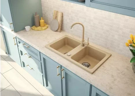 Mosogatótálca, Deante Zorba 2 medencés gránit mosogató csapteleppel, homok ZQZA7203