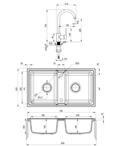 Mosogatótálca, Deante Zorba 2 medencés gránit mosogató csapteleppel, homok ZQZA7203