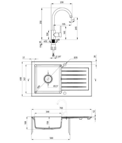 Mosogatótálca, Deante Zorba 1 medence+csepegtető, csapteleppel, gránit, bézs ZQZV5113