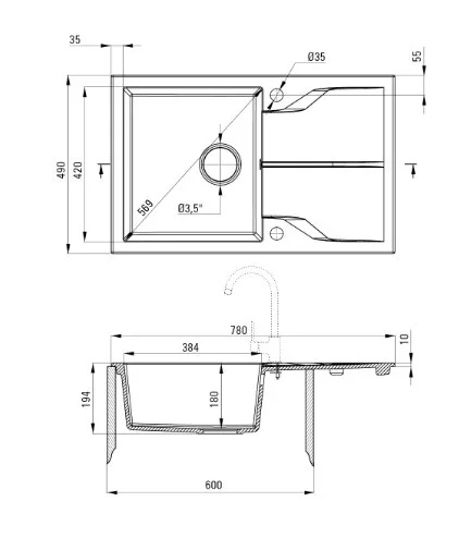 Mosogatótálca, Deante Andante 1 medencés, gránit, csepegtető, antracit metál ZQN_T113