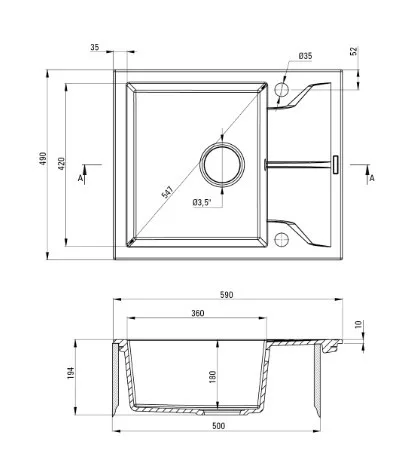 Mosogatótálca, Deante Andante 1 medencés, gránit, csepegtetővel, fekete ZQN_N11A