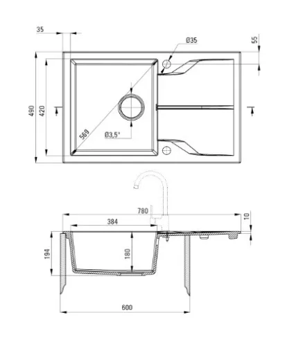 Mosogatótálca, Deante Andante 1 medencés, gránit, csepegtetővel grafit metál ZQN_G113