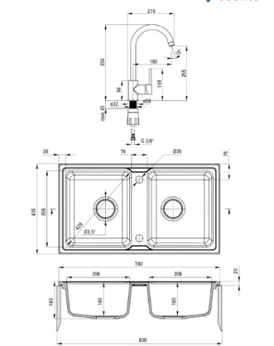 Mosogatótálca, Deante Zorba 2 medencés, gránit, csapteleppel, grafit ZQZA2203