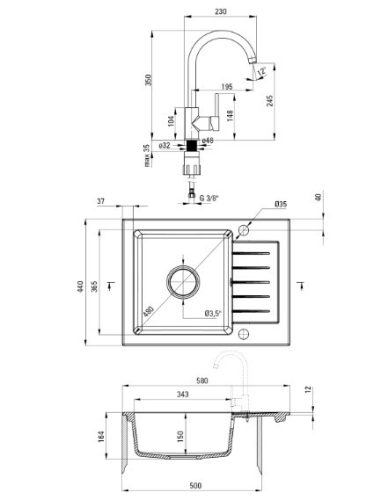 Mosogatótálca, Deante Zorba 1 medencés, gránit, csapteleppel, csepegtetővel, bézs ZQZA511A