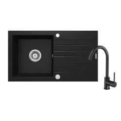   Mosogatótálca, Deante Zorba 1 medencés, gránit, csapteleppel, csepegtetővel,fekete ZQZVN113