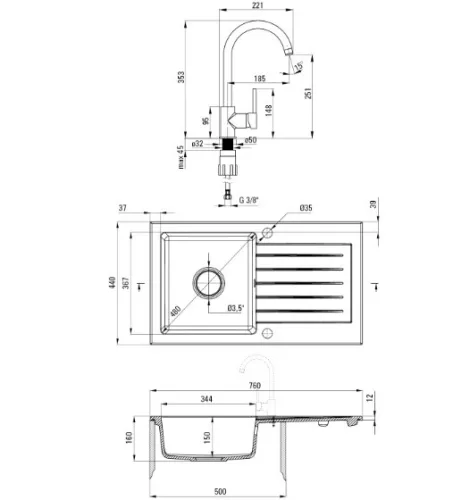 Mosogatótálca, Deante Zorba 1 medencés, gránit, csapteleppel, csepegtetővel,fekete ZQZVN113