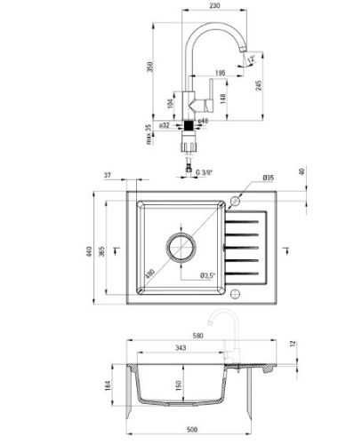 Mosogatótálca, Deante Zorba 1 medencés, gránit, csaptelep+csepegtető, antracit metál ZQZAT11A