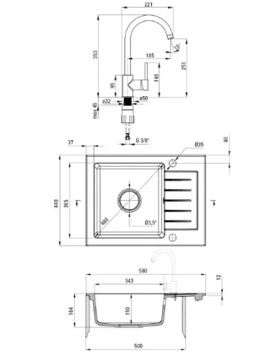 Mosogatótálca, Deante Zorba 1 medencés, gránit, csaptelep+csepegtető, metálszürke ZQZAS11A