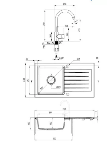 Mosogatótálca, Deante Zorba 1 medencés, gránit, csaptelep+csepegtető, alabástrom ZQZVA113