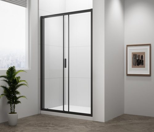 Zuhanyajtó, Sapho Polysan Easy Line Black tolóajtó, matt fekete, átlátszó üveg 110 cm EL1115B
