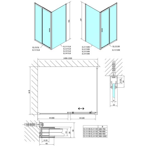 Zuhanyajtó, Sapho Polysan Easy Line Black tolóajtó, matt fekete, átlátszó üveg 150 cm EL1515B