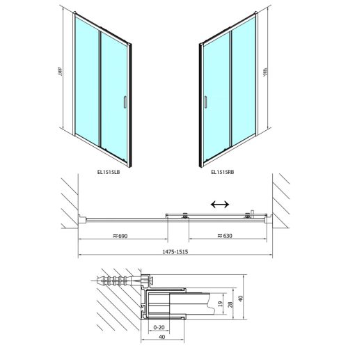 Zuhanyajtó, Sapho Polysan Easy Line Black tolóajtó, matt fekete, átlátszó üveg 150 cm EL1515B