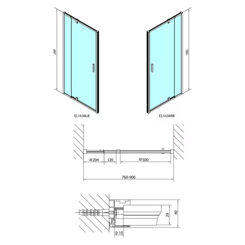 Zuhanyajtó, Sapho Polysan Easy Line Black nyílóajtó fix rész,matt fekete,brick üveg,90 cm EL1638B