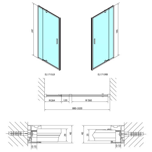 Zuhanyajtó, Sapho Polysan Easy Line Black nyílóajtó fix rész,matt fekete,102 cm EL1715B