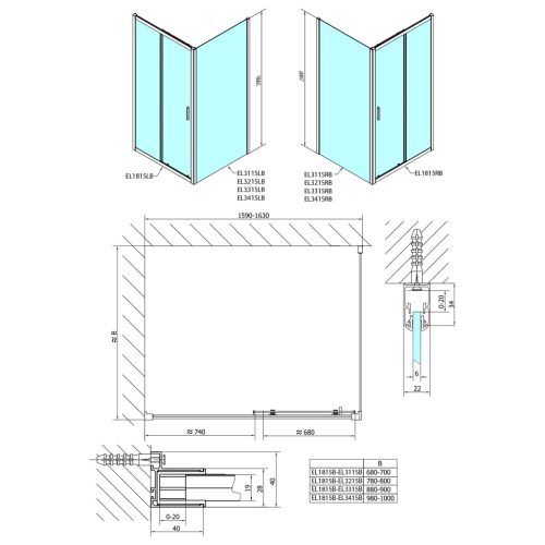 Zuhanyajtó, Sapho Polysan Easy Line Black tolóajtó, matt fekete, átlátszó üveg 160 cm EL1815B