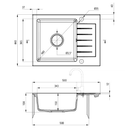 Mosogatótálca, Deante Zorba gránit mosogató 1 medencés csepegtetővel, antracit metál ZQZ_T11A