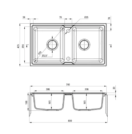 Mosogatótálca, Deante Zorba gránit mosogató 2 medencés, grafit ZQZ_2203