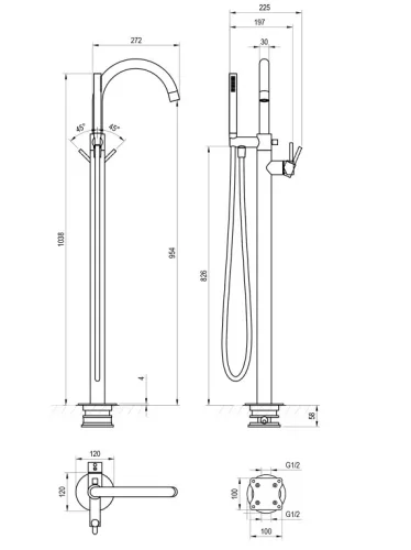 Kádtöltő csaptelep,Ravak Espirit padlón álló kádcsapt.+szett ES 080.10WV.RB07G,White V. X070500