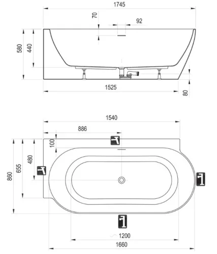 Kád,Ravak Vana Freedom Corner II Tec 175x86 bal,Alabaster Pink/fehér,fehér túlfolyóval CC91600000